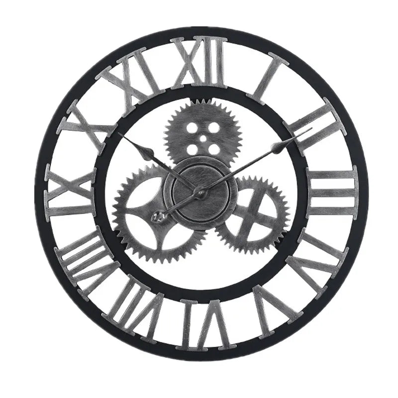 Reloj de pared vintage con engranajes, estilo industrial, de madera y metal, decoración rústica americana para bares o cafeterías.