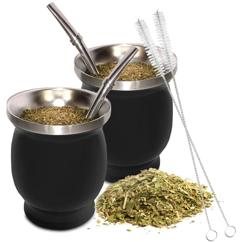 Juego de taza de yerba mate de 230 ml de acero inoxidable. Incluye cepillo de limpieza doble, pajita, taza aislante anti-quemaduras. Utensilios de té para el hogar.