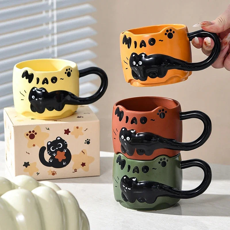 Taza apilable con diseño de gato, taza de café o té con un lindo diseño de dibujos animados, apilable, creativa, adorable, de cerámica, regalo divertido para uso doméstico diario.