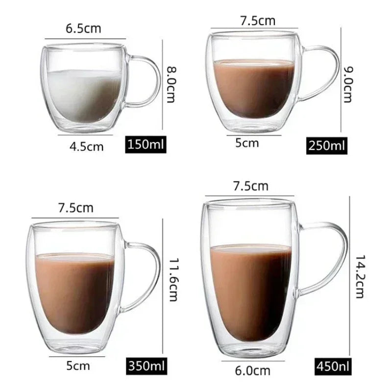Taza de vidrio de borosilicato de doble pared transparente resistente al calor con asa, ideal para café, leche, zumo o agua. Regalo perfecto para amantes del café.