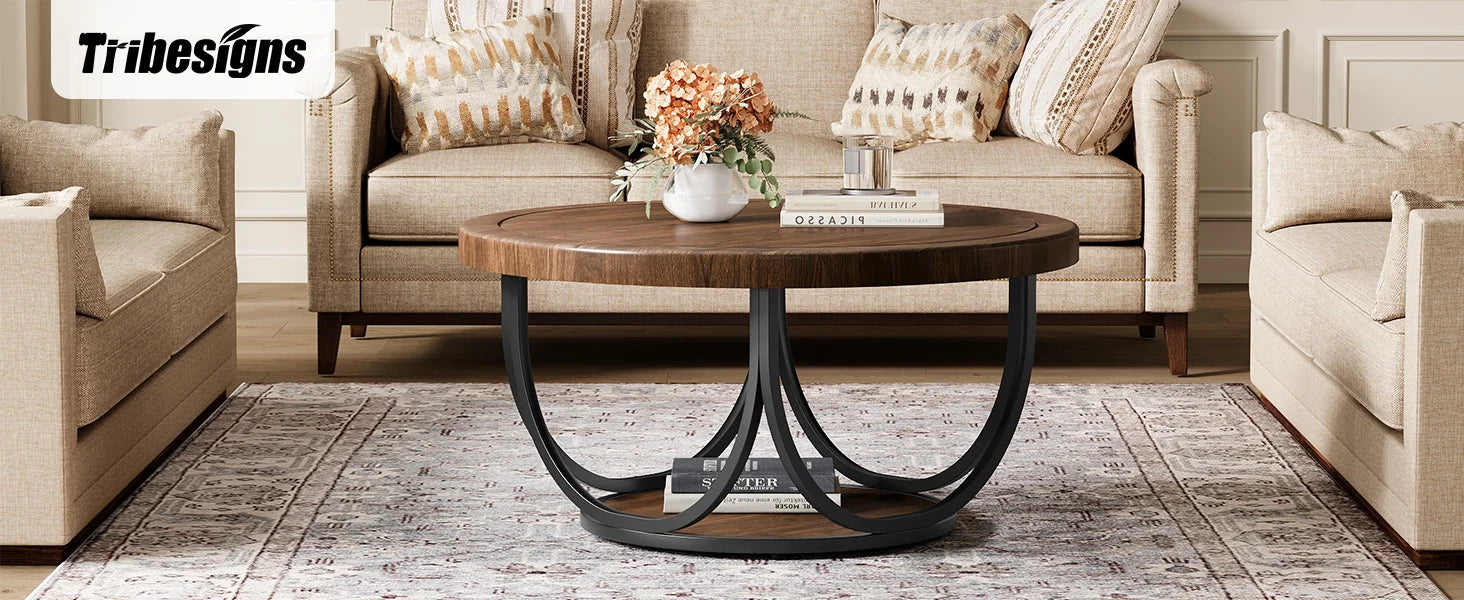 Tribesigns Round Coffee Table with 2 Tiers, 80 cm Wooden Circle Accent Cocktail Table with Storage Shelf and Metal Frame