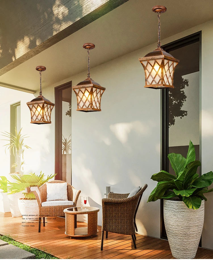 Lámpara colgante impermeable LED Retro europea, candelabro de pueblo para exteriores, luces para pasillos y balcón, luminaria colgante