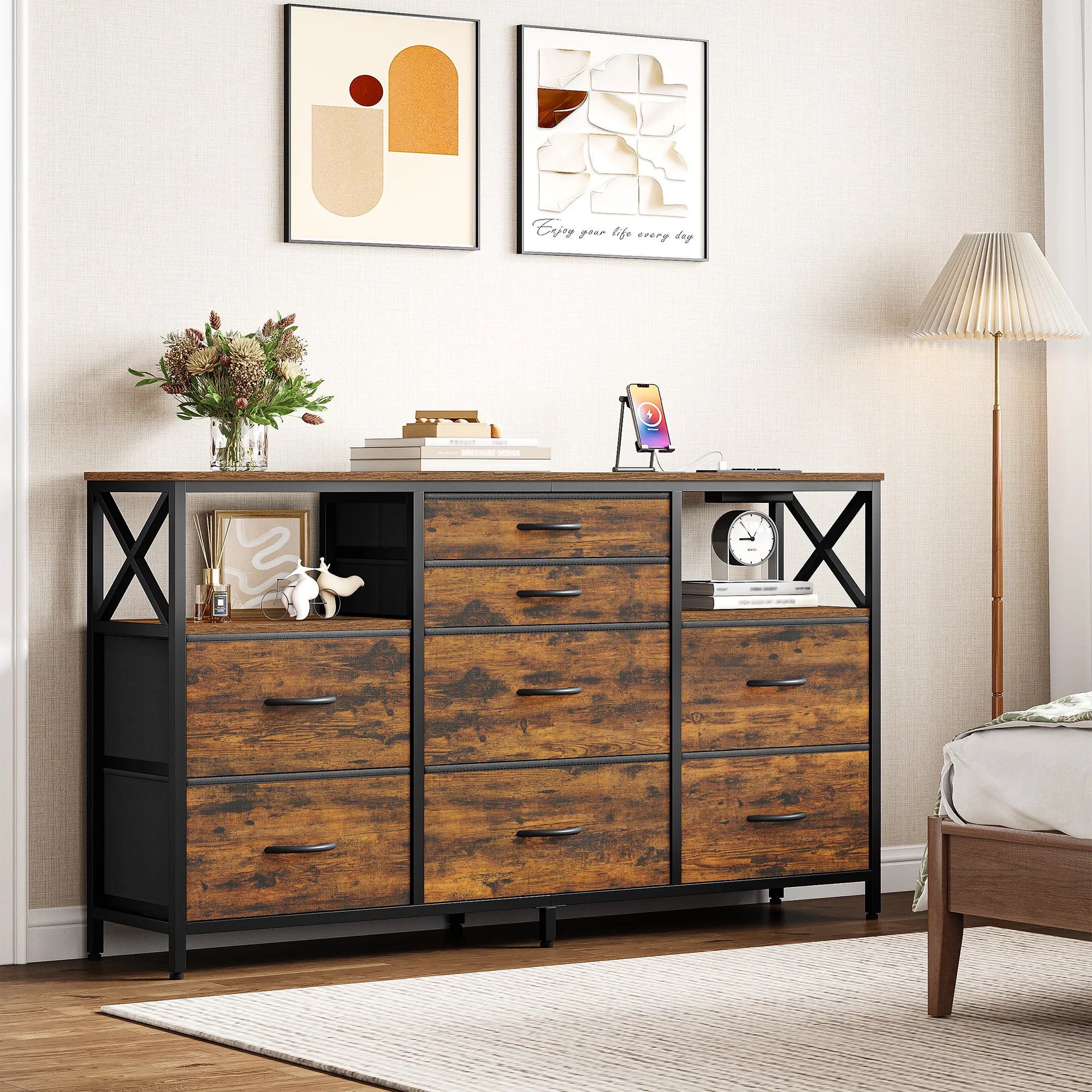 Chest of Drawers 140 cm,2 USB & 2 AC Ports,with 8 Drawers Made of Fabric, Versatile Storage Furniture for Living,Bedroom,Vintage