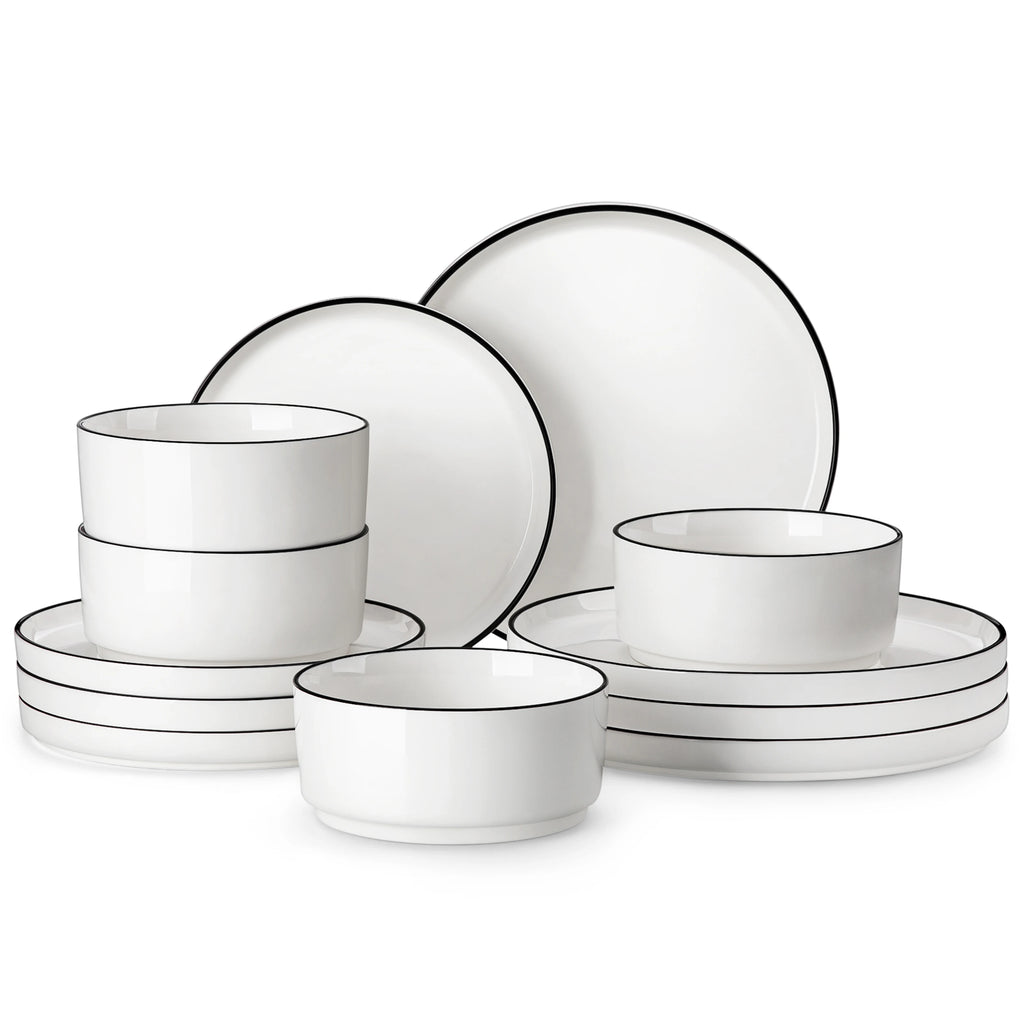 Juego de platos y cuencos MALACASA, 12 piezas, vajilla moderna de porcelana para 4 personas, juego de vajilla para comedor con borde negro.