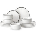 Juego de platos y cuencos MALACASA, 12 piezas, vajilla moderna de porcelana para 4 personas, juego de vajilla para comedor con borde negro.
