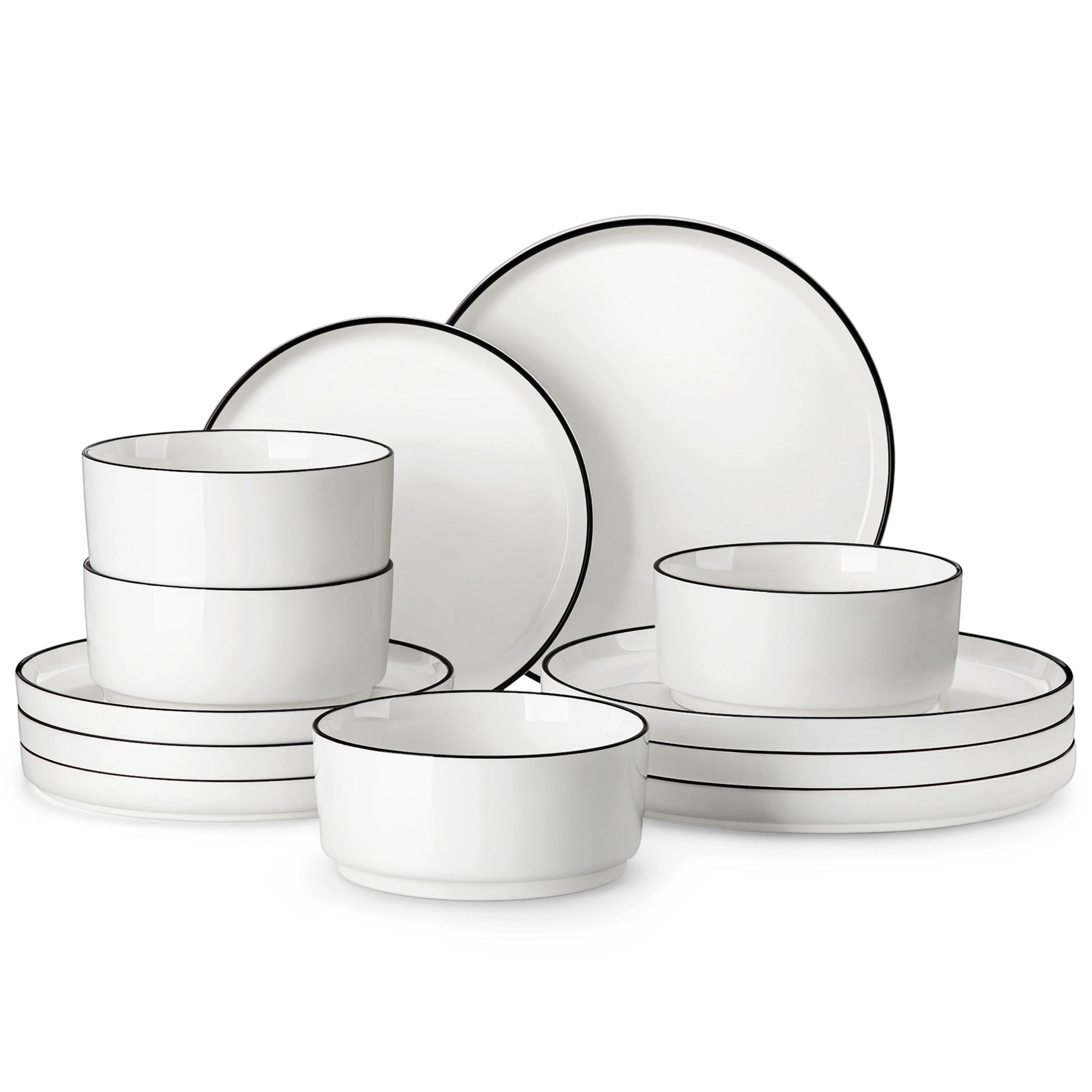 Juego de platos y cuencos MALACASA, 12 piezas, vajilla moderna de porcelana para 4 personas, juego de vajilla para comedor con borde negro.
