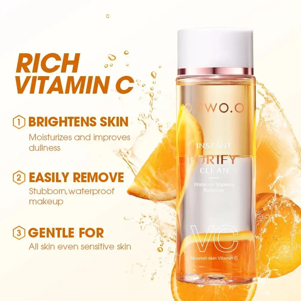 Desmaquillante bifásico con esencia de vitamina C para pieles sensibles. Disuelve instantáneamente el maquillaje más resistente sin irritar.
