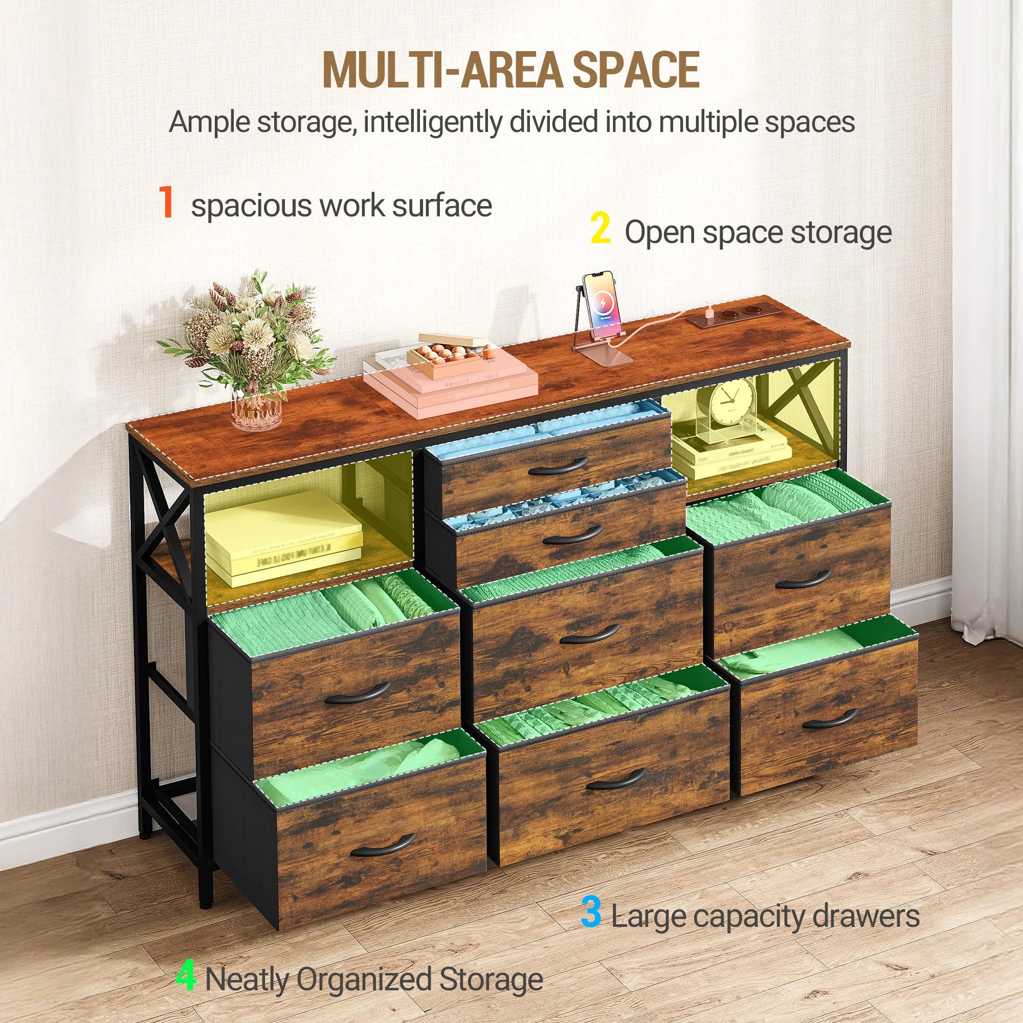 Chest of Drawers 140 cm,2 USB & 2 AC Ports,with 8 Drawers Made of Fabric, Versatile Storage Furniture for Living,Bedroom,Vintage