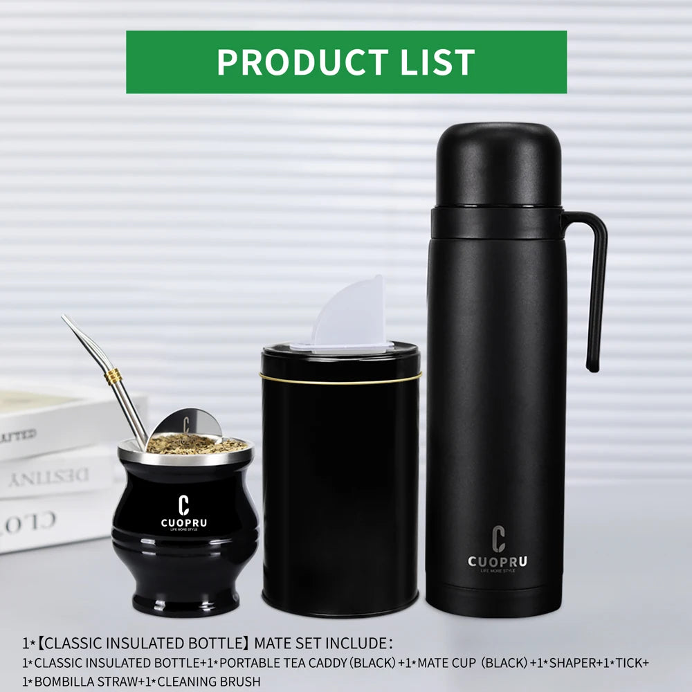 Kit completo de  mate negro: taza moderna de acero inoxidable para mate, termo, recipiente para yerba, juego de moldes para té, bombilla y pajita.