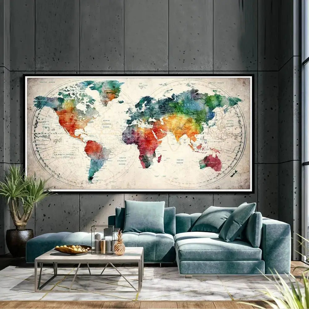Arte en lienzo de mapa mundial moderno Póster decorativo para paredes de sala y dormitorio