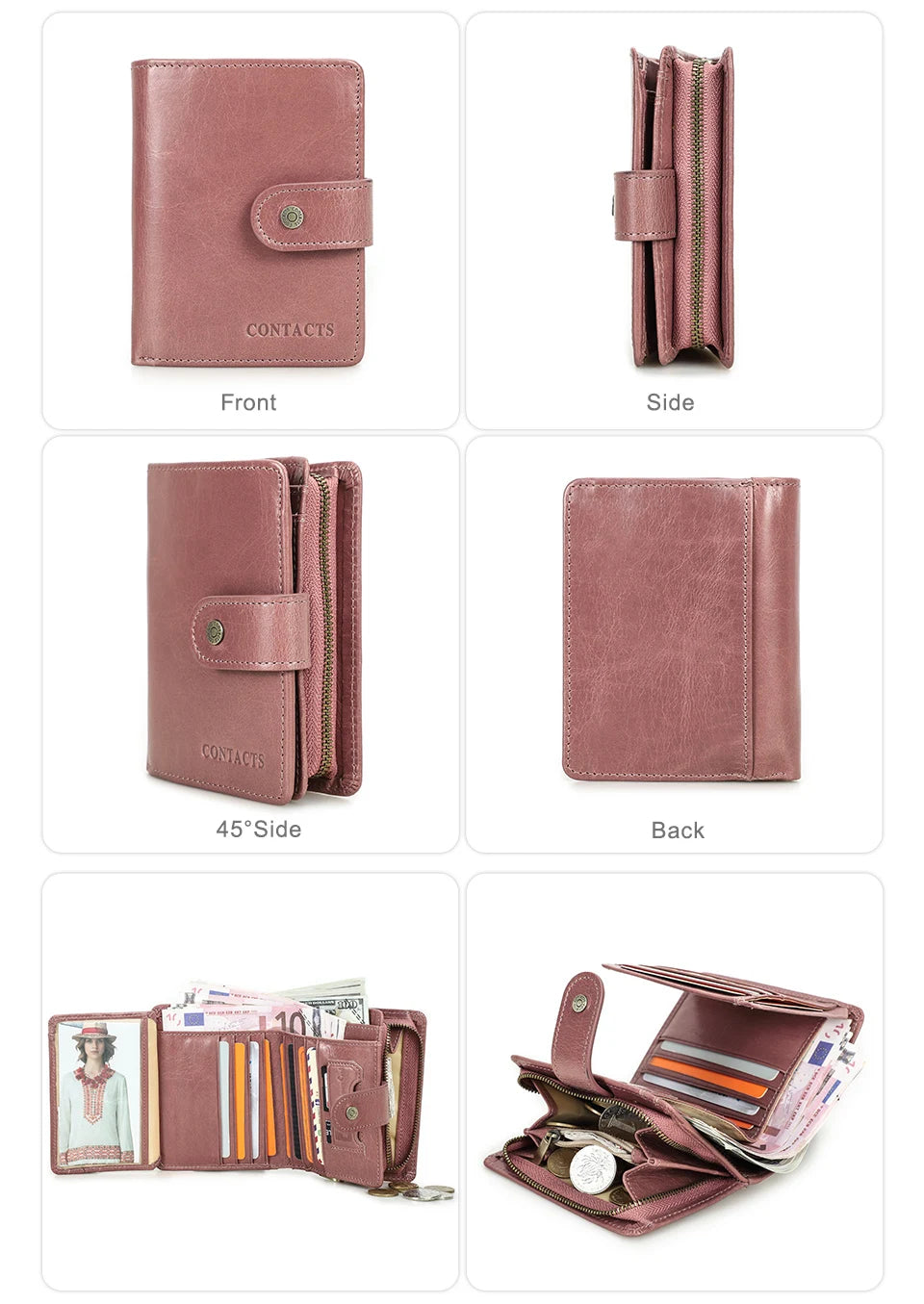 Carteras de cuero genuino Contact'S para mujer y hombre, cartera corta pequeña con bloqueo RFID, tarjetero, monedero rojo para mujer