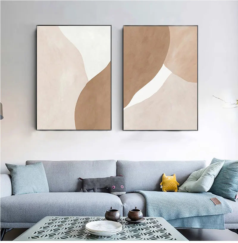 Cuadro abstracto geométrico moderno en tonos beige y marrón sobre lienzo, ideal para decoración de paredes, salas de estar y otros espacios.