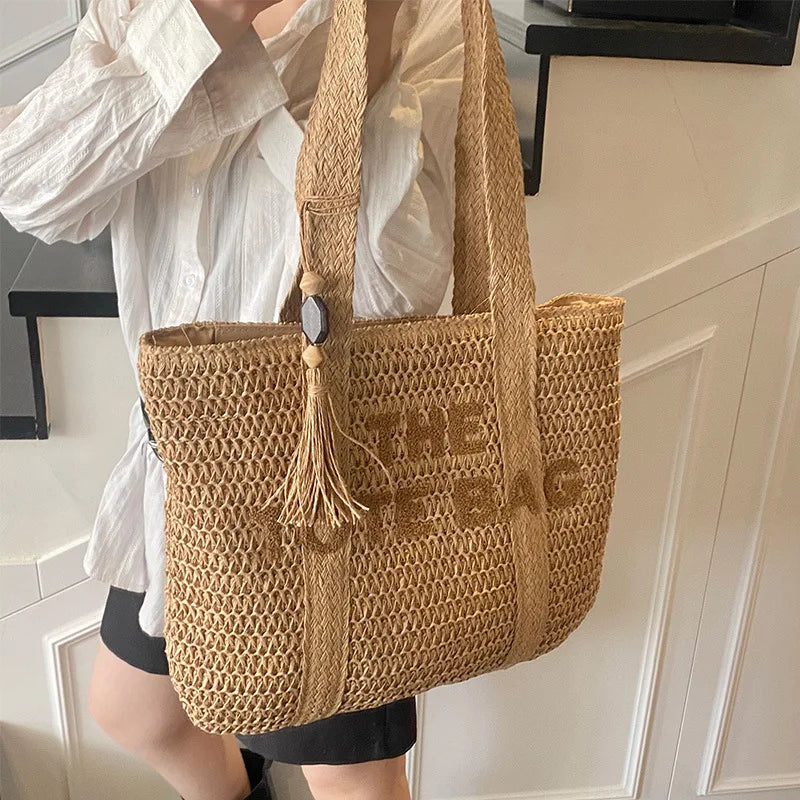 Bolso de paja tejido de gran capacidad estilo francés para mujer, nuevo bolso de hombro para vacaciones en la playa, bolso de mano informal para el día a día.