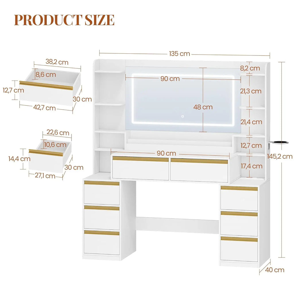 Tocador de 135 cm con espejo LED, tomas de corriente, 8 cajones, estantes abiertos, color blanco y dorado, personalizado.