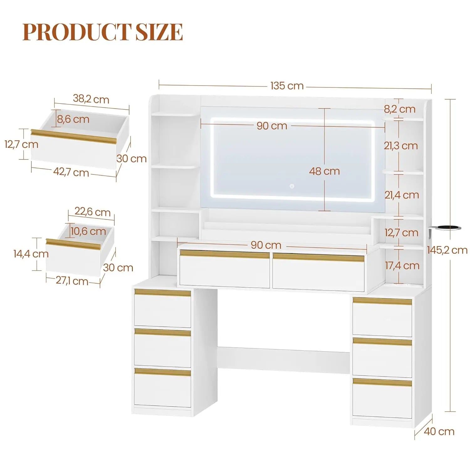 Tocador de 135 cm con espejo LED, tomas de corriente, 8 cajones, estantes abiertos, color blanco y dorado, personalizado.
