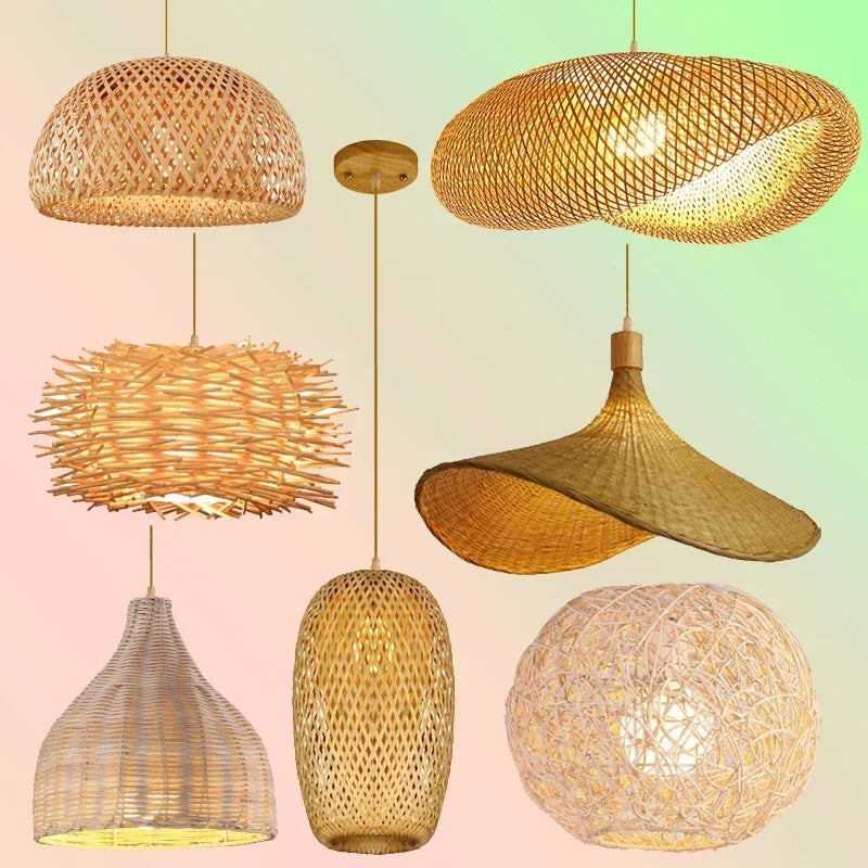 Lámpara colgante de techo de ratán, mimbre, bambú y madera, lámpara de araña colgante tejida a mano, decoración para el hogar, sala de estar y dormitorio.