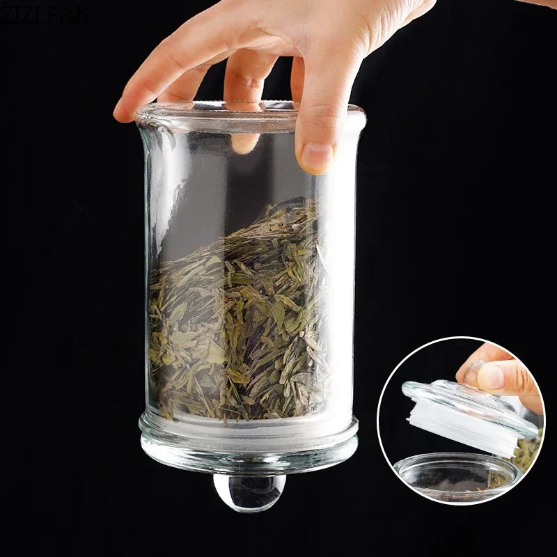 Tarros de almacenamiento de vidrio transparentes minimalistas con tapa, ideales para té, dulces, decoración de escritorio o como dispensador de cereales.