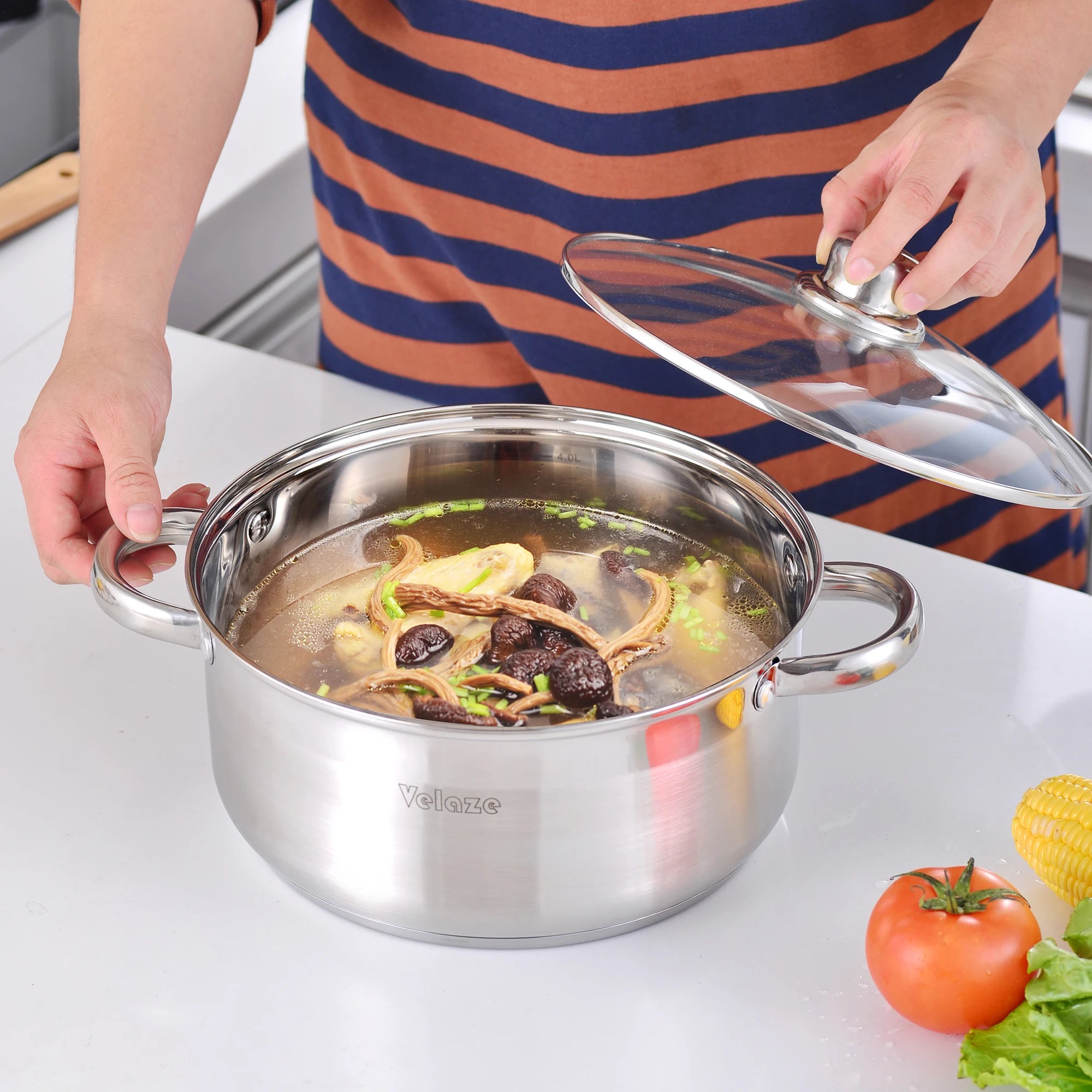 Juego de utensilios de cocina Velaze de 12 piezas, de acero inoxidable, apto para inducción, incluye cacerola, olla y cazuela con tapa de vidrio.