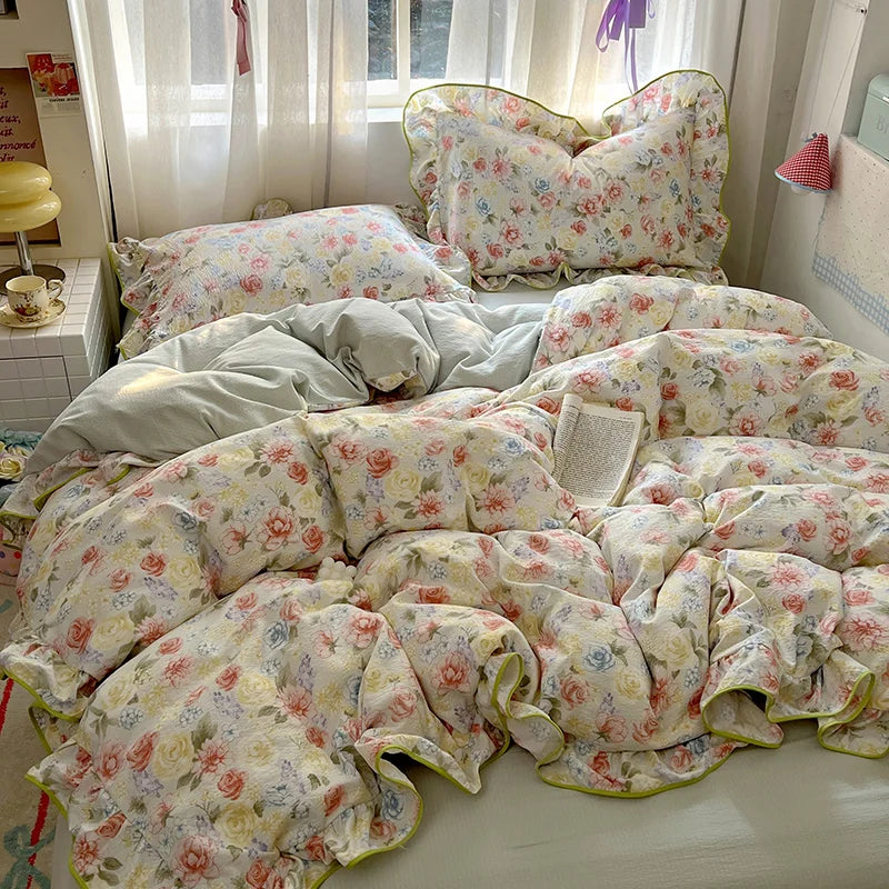 Juego de Ropa de Cama Ruffles Estilo Floral Funda de Edredón Funda de Almohada con Sábana Juego de Ropa de Cama Amigable con la Piel Ropa de Cama para Habitación de Niñas