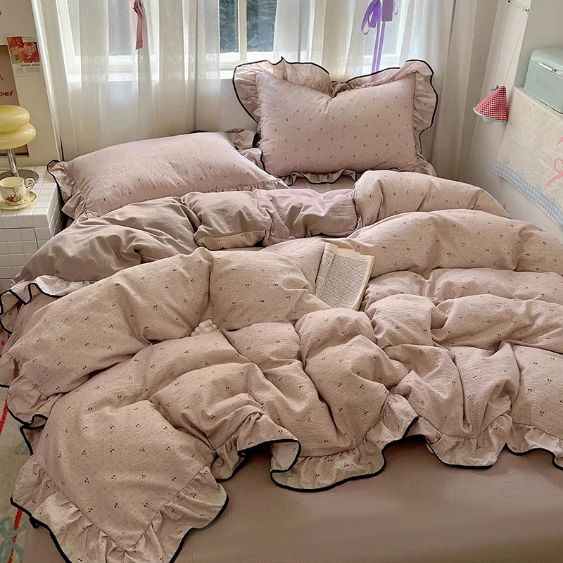 Juego de Ropa de Cama Ruffles Estilo Floral Funda de Edredón Funda de Almohada con Sábana Juego de Ropa de Cama Amigable con la Piel Ropa de Cama para Habitación de Niñas