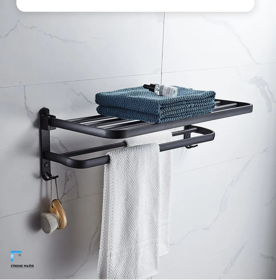Toallero plegable de aluminio de 50 cm en negro mate con gancho para montaje en pared.