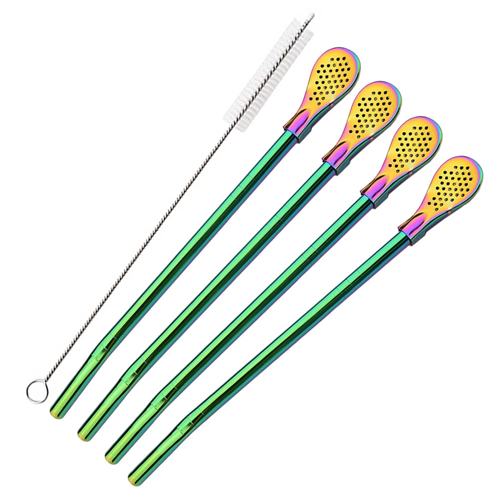 Juego de 5 pajitas de acero inoxidable plateadas lavables y reutilizables para yerba mate, con filtro tipo cuchara, ideales para coctelerías y accesorios de bar.