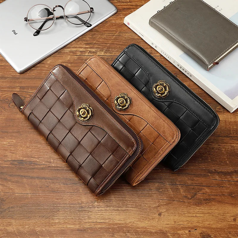 Nueva cartera larga de moda para mujer, cartera de piel de vaca para mujer, bolso de mujer a cuadros, bolso de mano casual para mujer