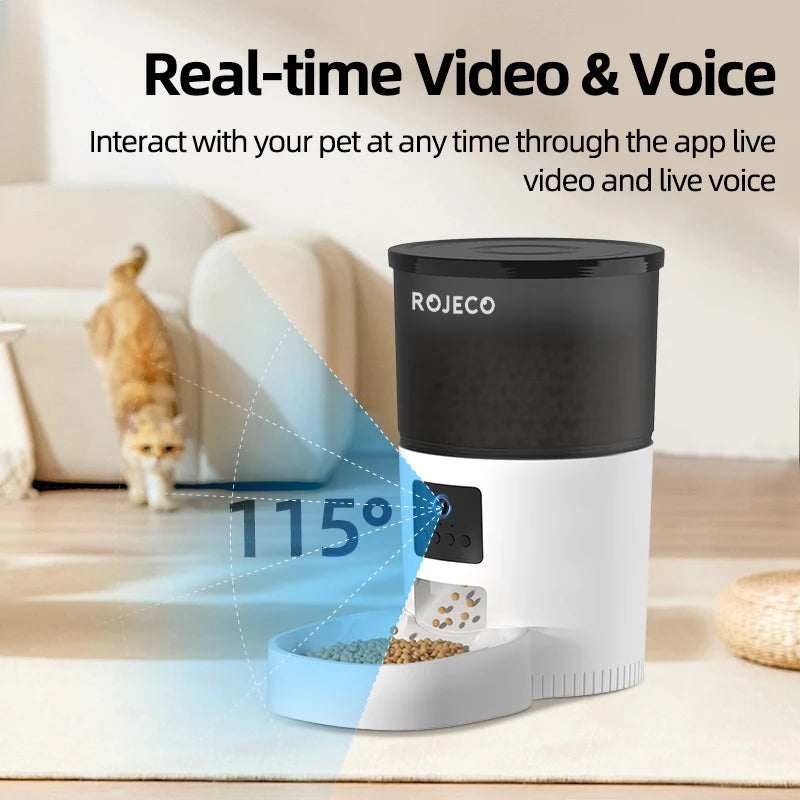 Comedero automático para gatos ROJECO con cámara de video, dispensador de comida para gatos, grabadora de voz inteligente para mascotas, control remoto, comedero automático para gatos y perros.