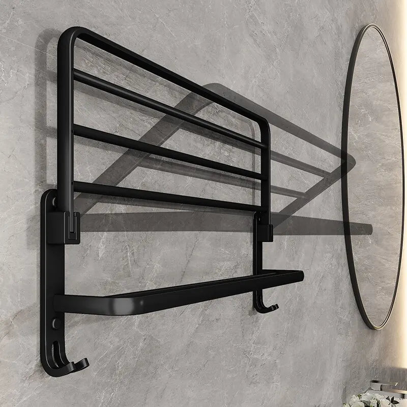 Toallero plegable de aluminio de 50 cm en negro mate con gancho para montaje en pared.