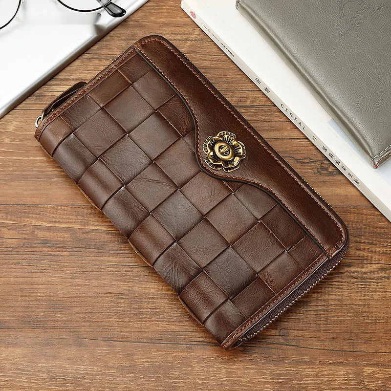 Nueva cartera larga de moda para mujer, cartera de piel de vaca para mujer, bolso de mujer a cuadros, bolso de mano casual para mujer