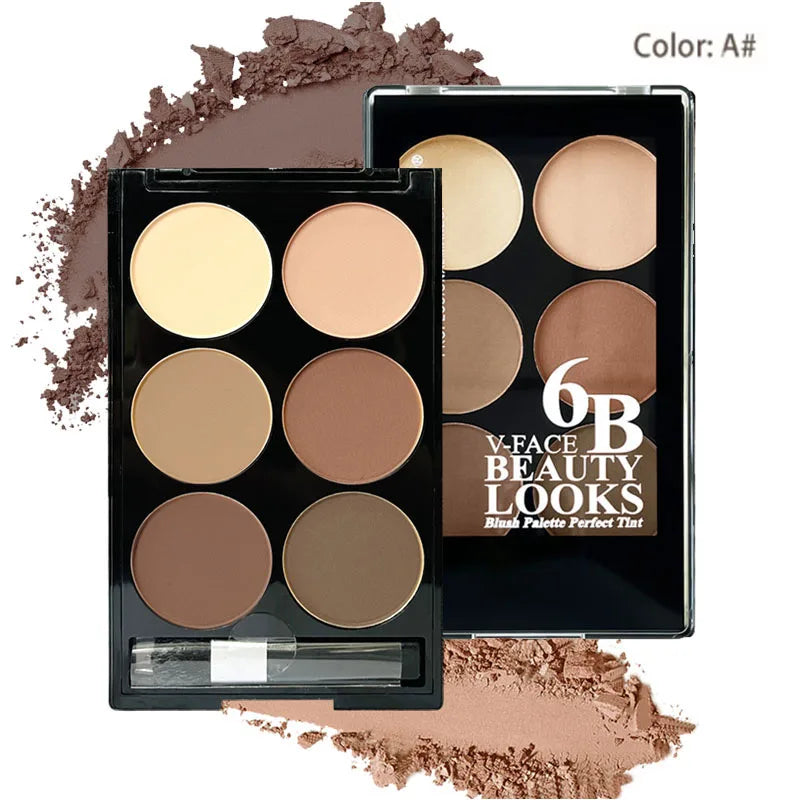 Paleta de polvos iluminadores y contorneadores de 6 colores, paleta de maquillaje en polvo para sombras y contorno facial con brocha, bronceador facial y corrector de color.