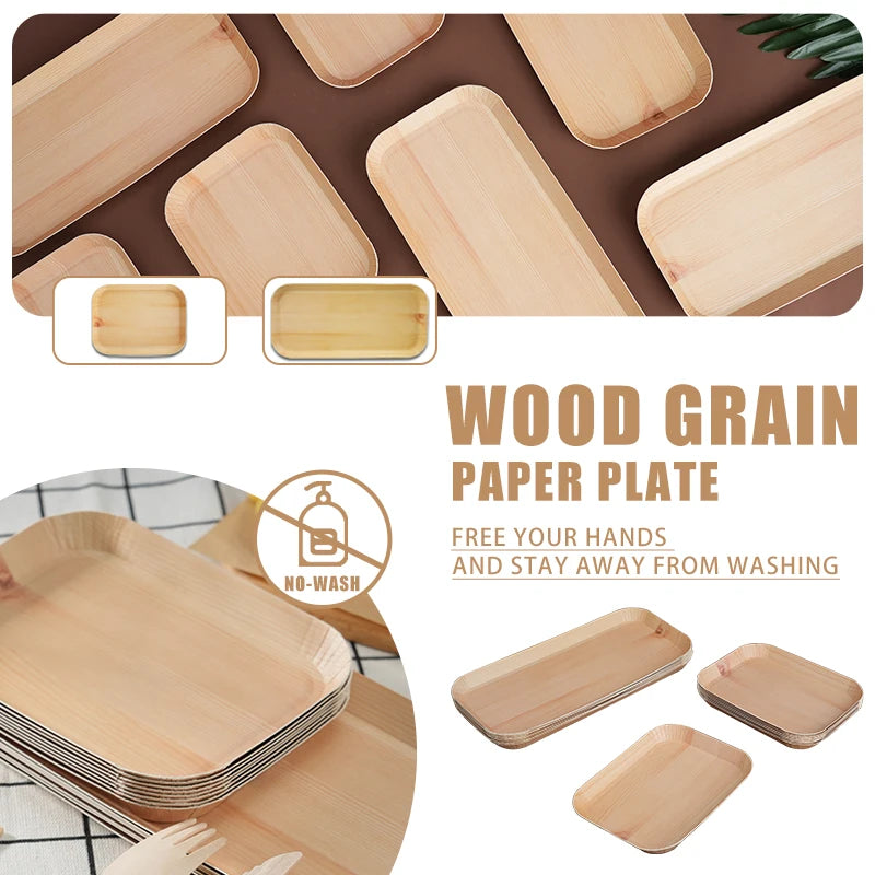 10/20 unidades de platos rectangulares desechables de madera, bandeja de papel, vajilla para postres, pan y ensaladas, accesorios de mesa para cenas y fiestas.