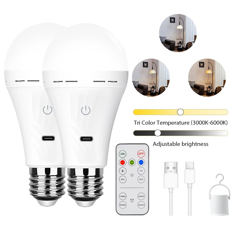 Bombilla recargable USB-C - 3 colores, control remoto/regulable/temporizador, 1800 mAh para sala de estar, dormitorio