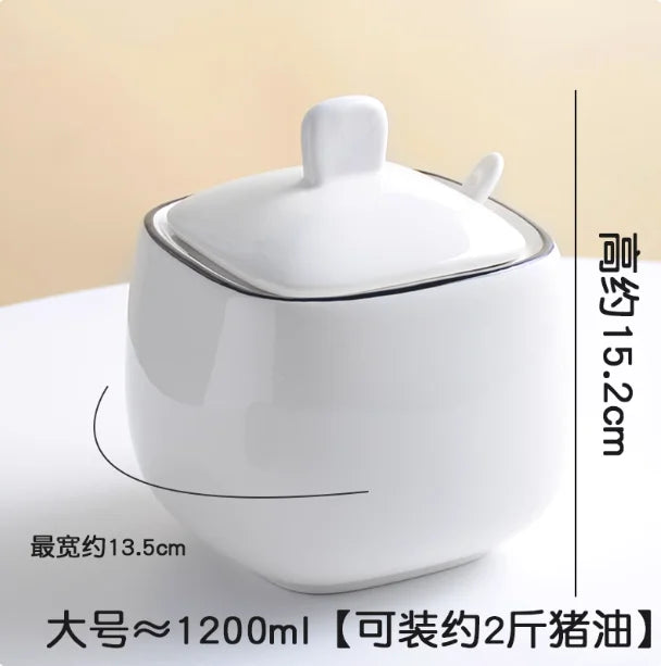 Utensilios de cocina: salero, azucarero con cuchara, tarro de cerámica blanca para condimentos, aceitera, caja para condimentos, herramienta de almacenamiento de cocina.