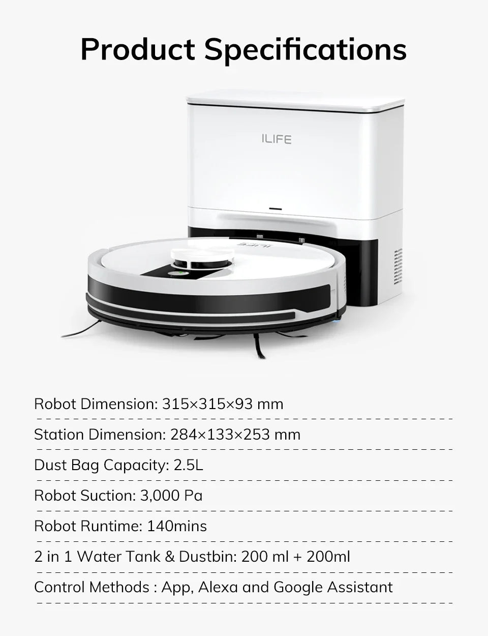 Robot aspirador y fregador ILIFE A12 Pro, navegación LIDAR, recogida automática de polvo, succión de 3000 Pa, control por app/remoto.