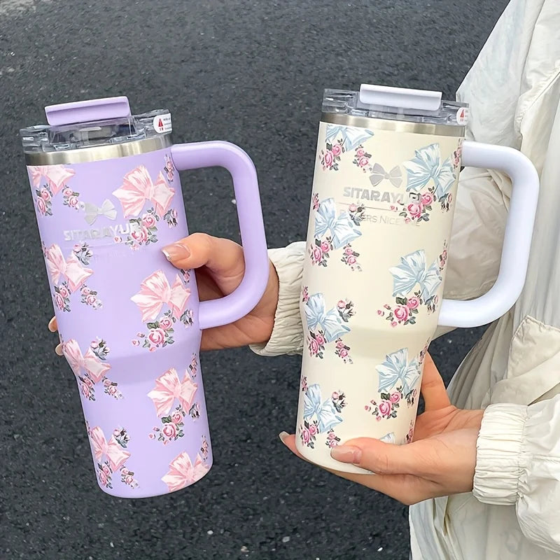 Vaso térmico de acero inoxidable con aislamiento al vacío de 900 ml con estampado floral y pajita, ideal para mantener las bebidas frías. Regalo de cumpleaños para mujeres.