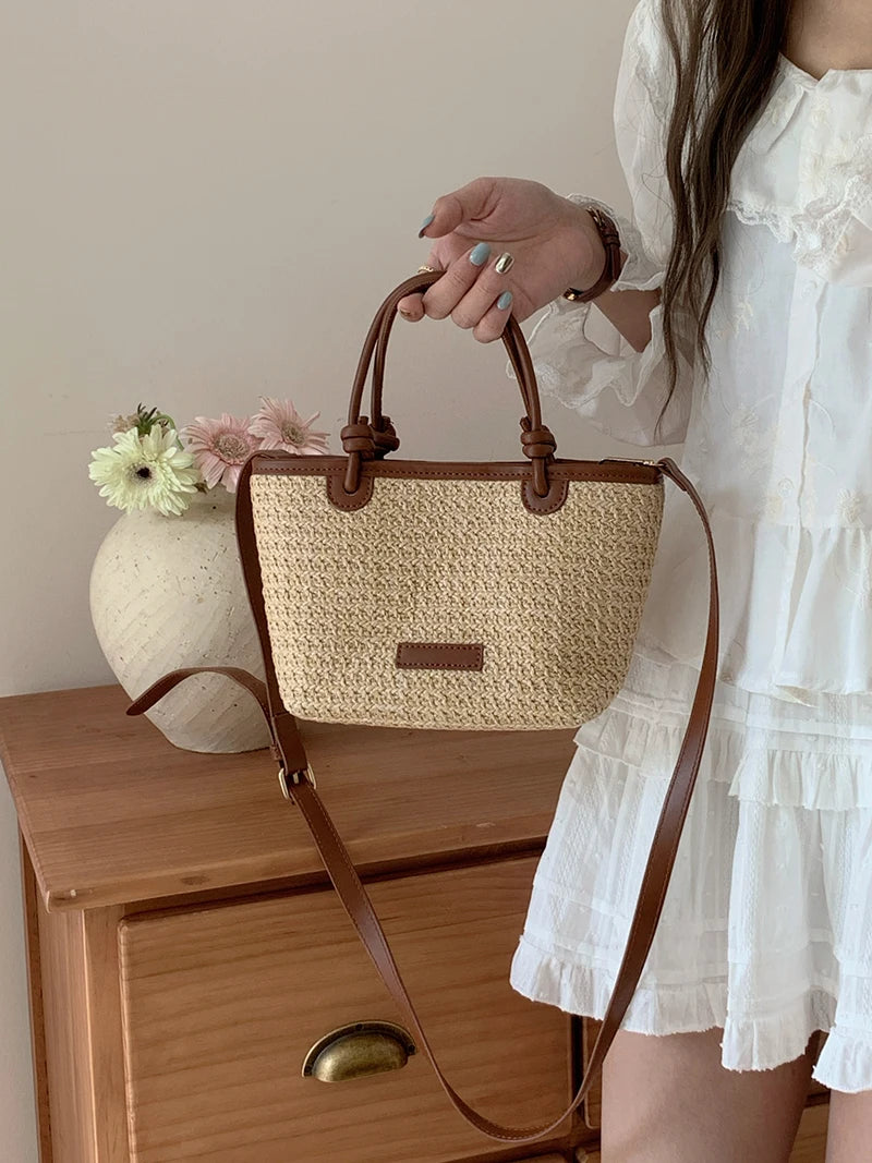 Bolso de hombro de paja para mujer, ideal para vacaciones de verano, con diseño retro. Bolsos cruzados portátiles para mujer, estilo cesta tejida.