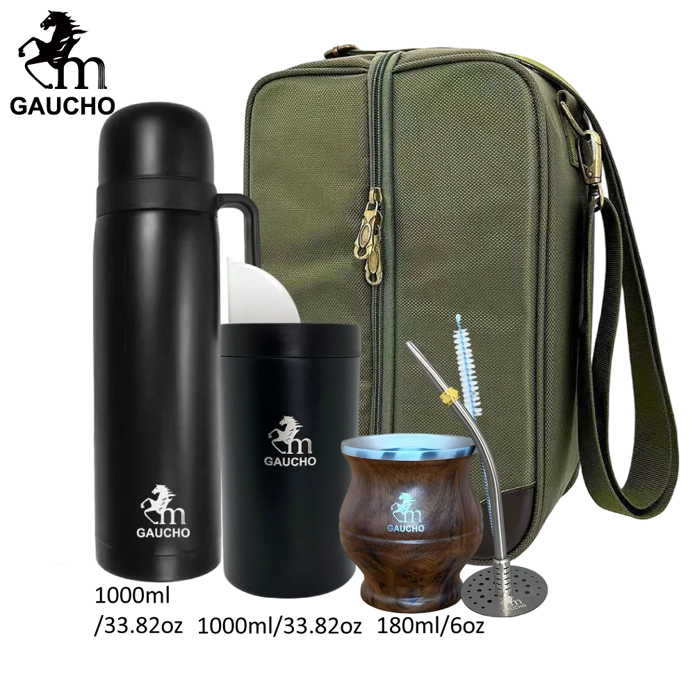 1 juego/lote de kits de viaje Gaucho Yerba Mate. Incluye termo de acero inoxidable, calabazas, bombilla, pajita y lata de té.
