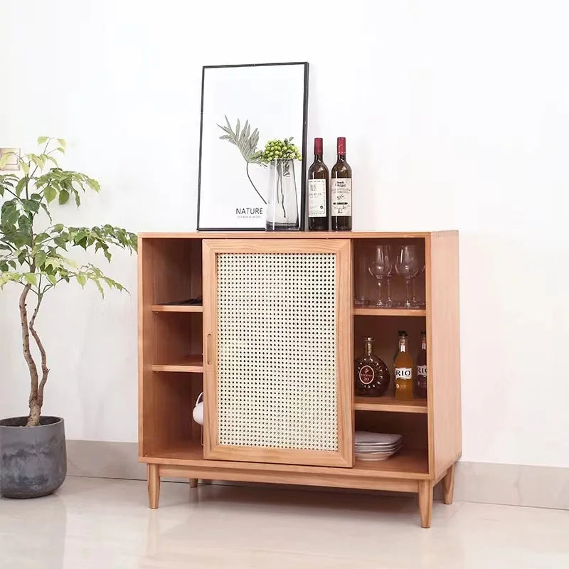 Nordic solid wood rattan dining side cabinet, entrance cabinet, American locker, simple tea cabinet, multi-functiona