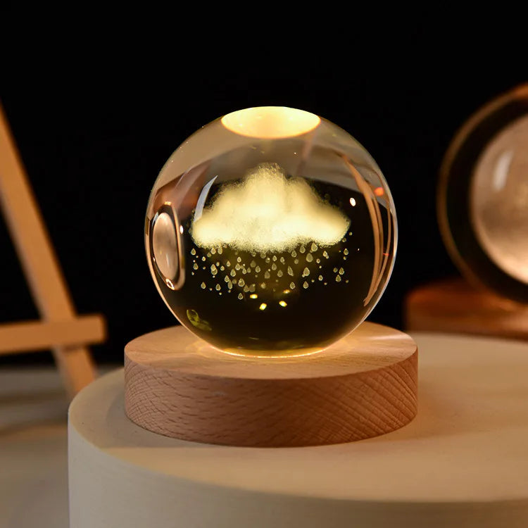 1 Pc Bola de Cristal de 6 cm Lámpara Nocturna Planeta Grabado con Láser Regalo de Cumpleaños Esfera de Vidrio Decoración de Escritorio para el Hogar con Base de Madera y USB