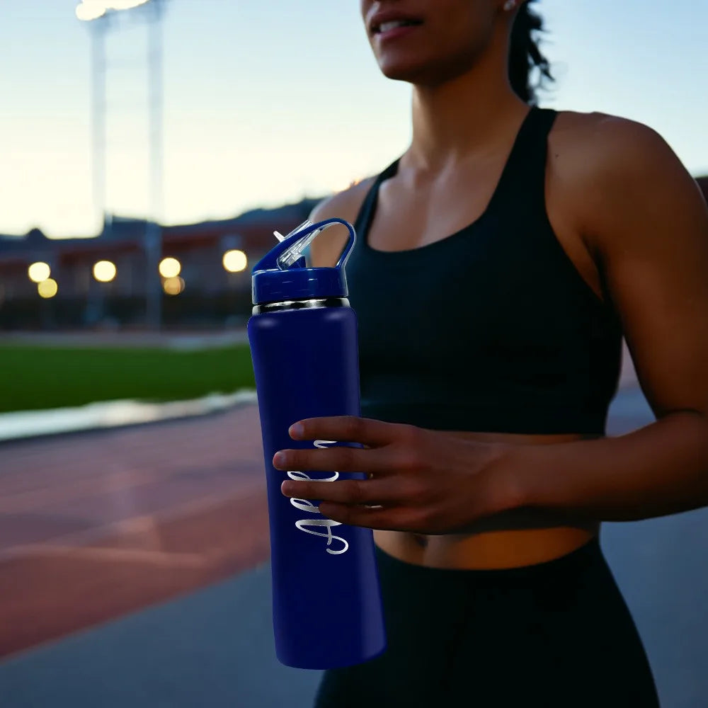 Botella de agua personalizada de acero inoxidable con aislamiento térmico y pajita - Botella grabada para fitness/ciclismo, regalo perfecto para hombres y mujeres.