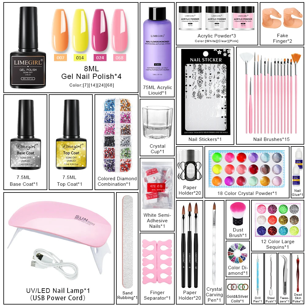 Set de polvos acrílicos y herramientas de manicura LIMEGIRL. Kit de polvos acrílicos multicolor de moda para extensiones de uñas y sutiles toques de brillo.