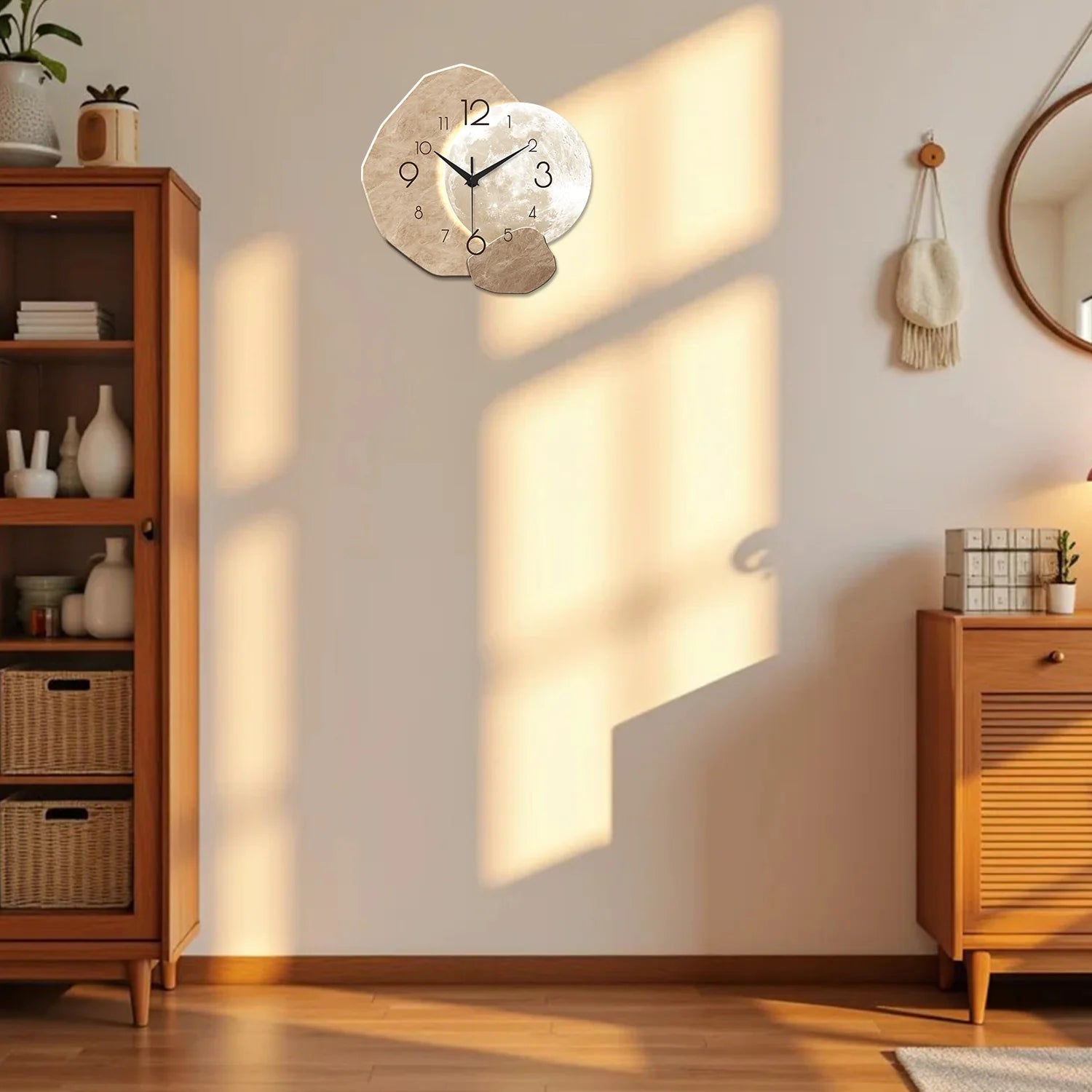 Reloj de pared moderno, sencillo y silencioso, con diseño de luna, movimiento de cuarzo y fabricado en madera, ideal para la decoración de dormitorios, salas de estar u oficinas.