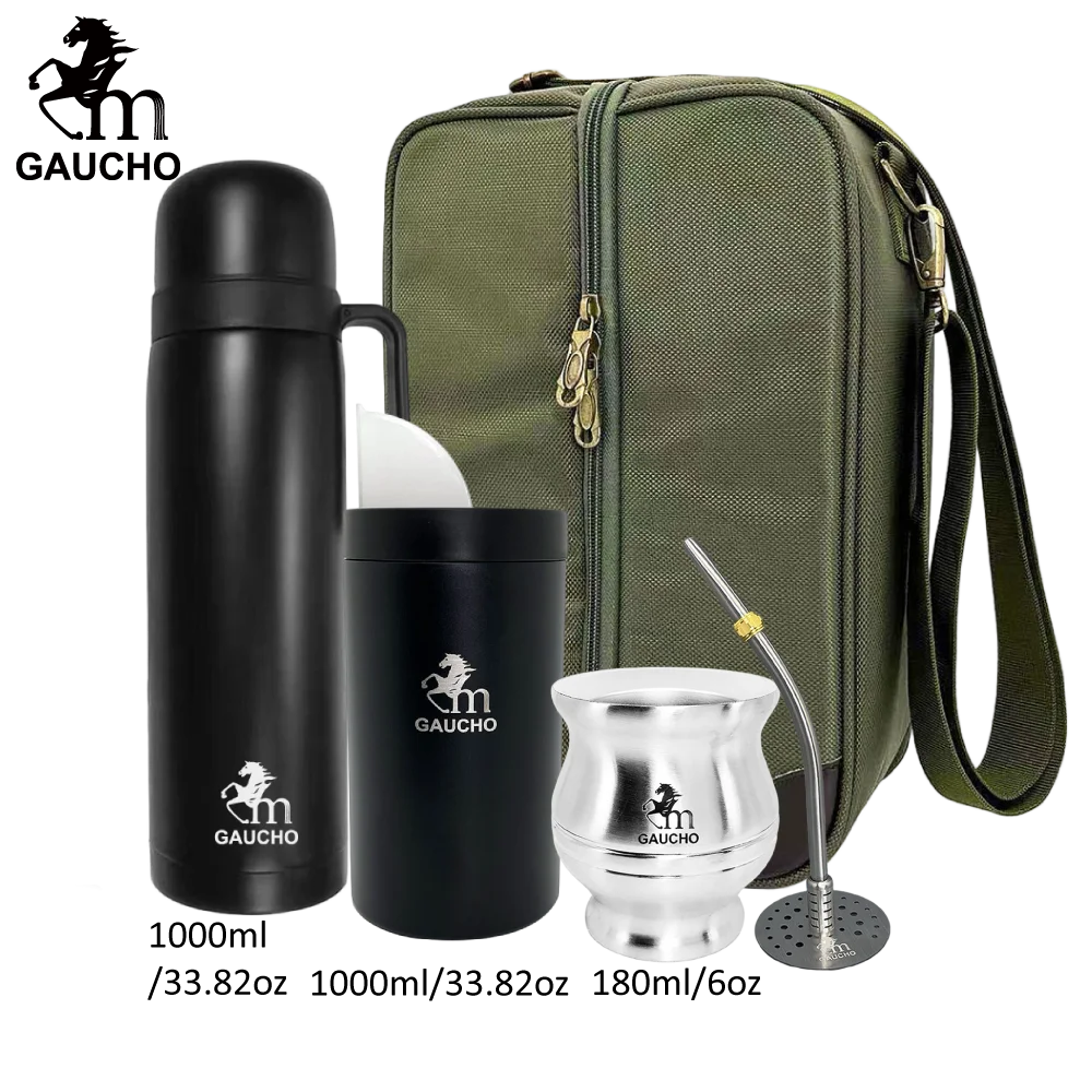 1 juego/lote de kits de viaje Gaucho Yerba Mate. Incluye termo de acero inoxidable, calabazas, bombilla, pajita y lata de té.