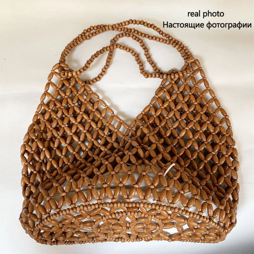 Bolso de mano tejido a mano con cuentas para mujer, exquisito bolso de hombro de madera calada con cuentas, bolso de playa femenino