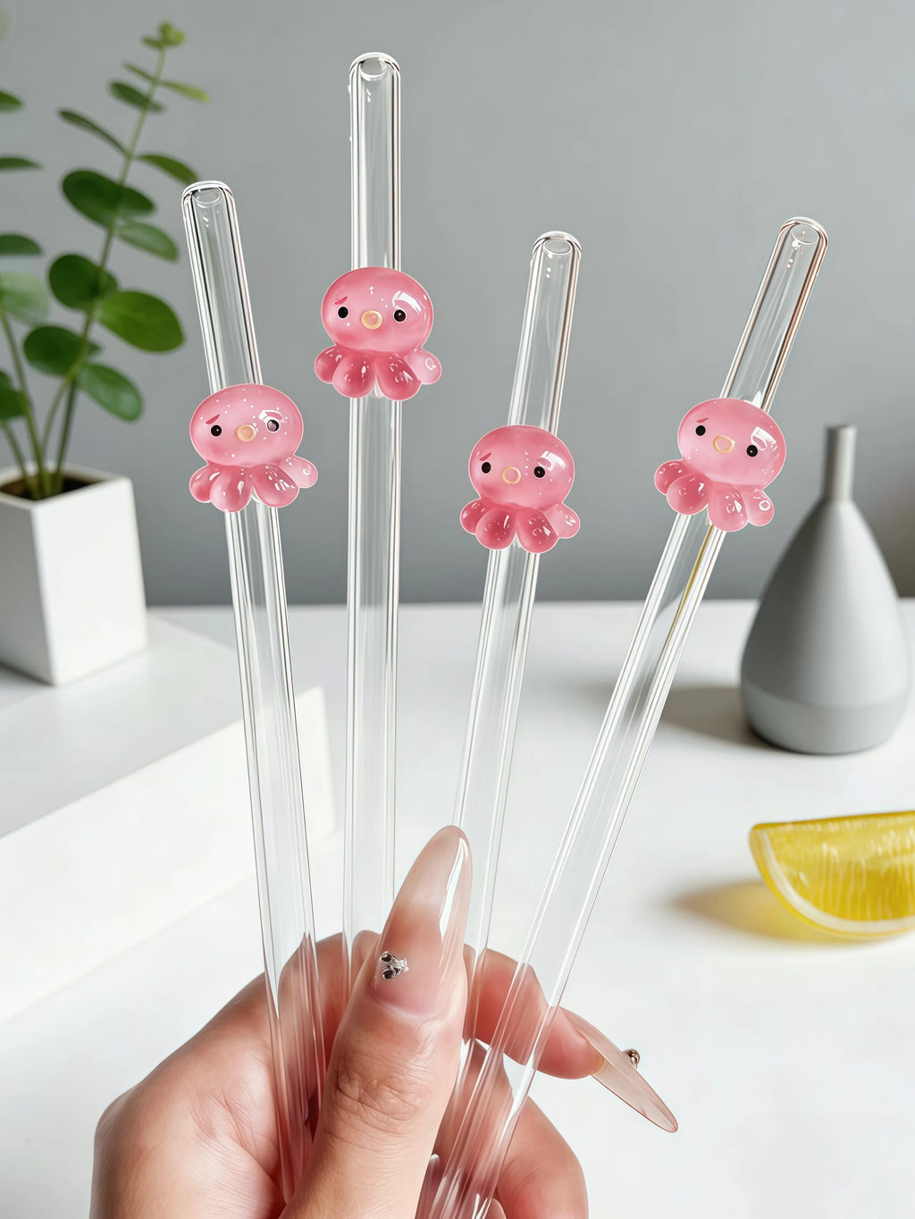 Juego de 1/2/5 pajitas de vidrio reutilizables con forma de pulpo, pajitas transparentes y flexibles para cócteles, regalo perfecto para las fiestas.