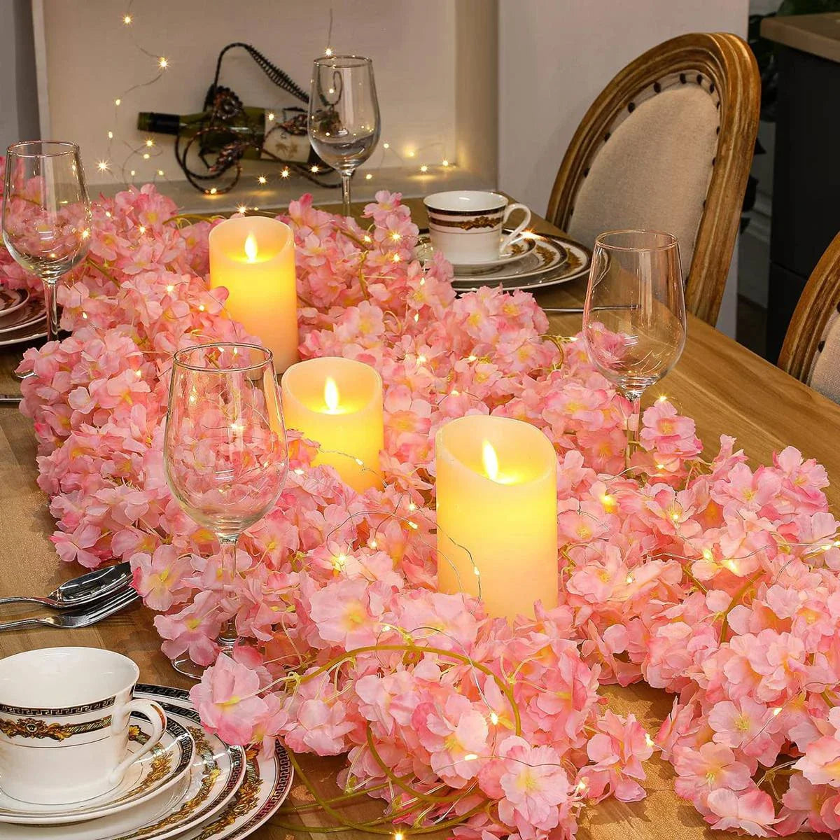 Guirnalda de luces de flores de cerezo de 1/2/5 m, enredaderas de flores artificiales, luces de hadas para dormitorio, bodas, fiestas y decoración navideña.