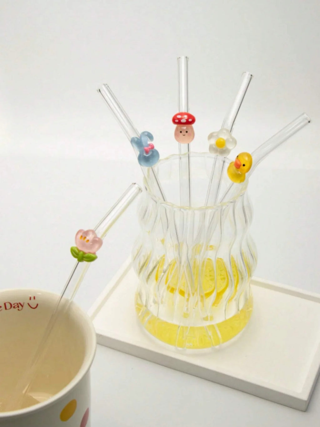 1/5 Pajitas de cristal con diseños de animales: seta, conejo y pato. Ideales para té de burbujas, café y cócteles. Un regalo perfecto para fiestas y ocasiones especiales.