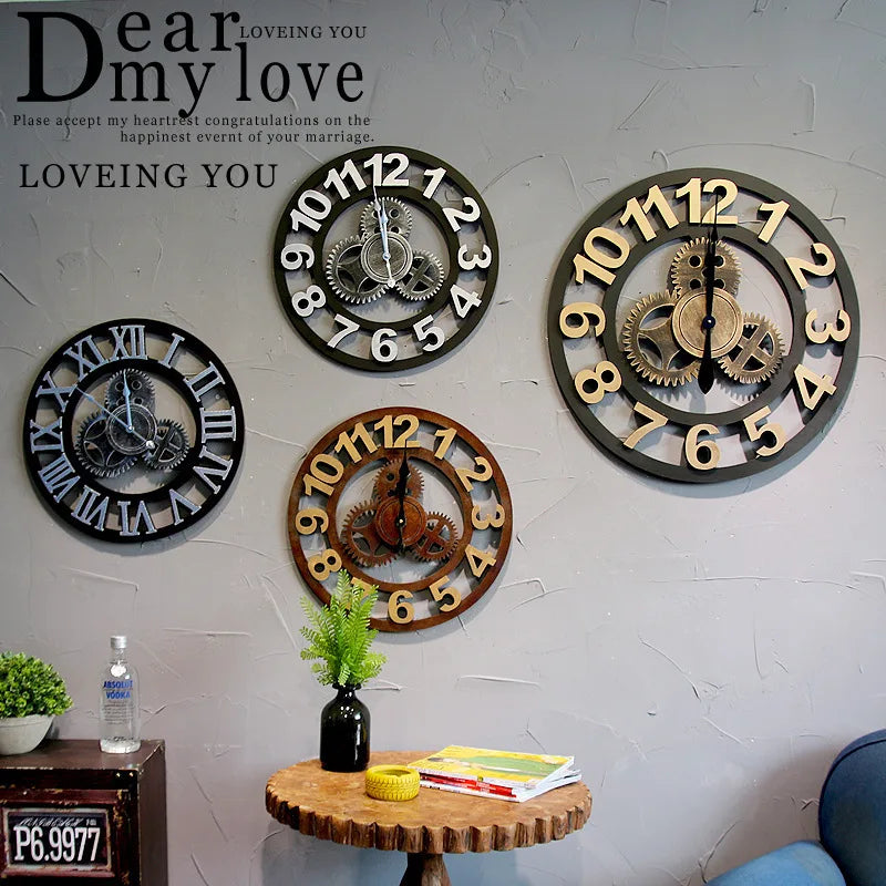 Reloj de pared vintage con engranajes, estilo industrial, de madera y metal, decoración rústica americana para bares o cafeterías.