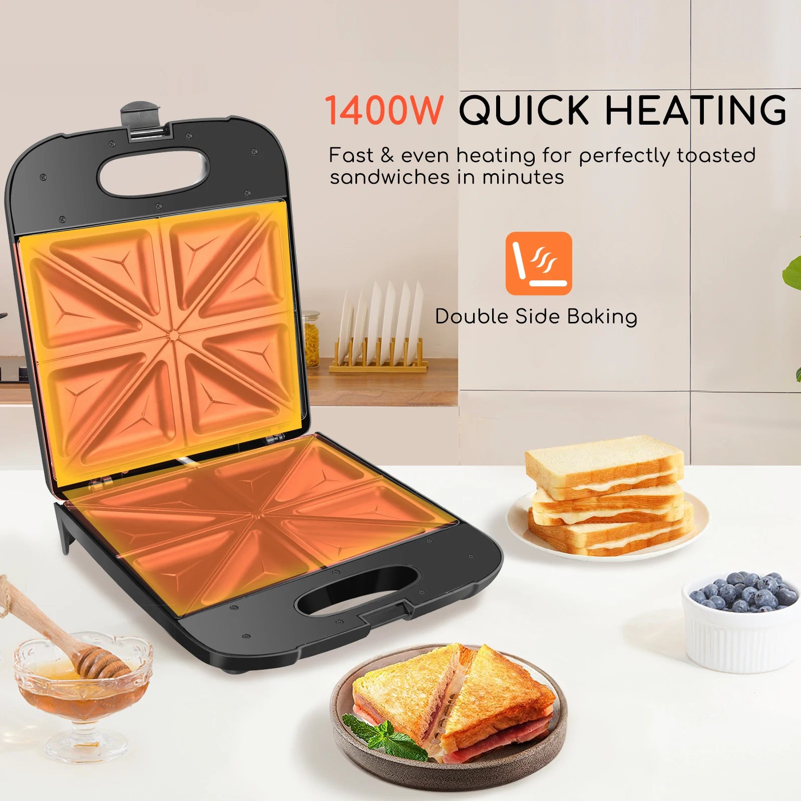 Sandwichera XXL para 4 sándwiches, revestimiento antiadherente, calentamiento rápido, indicador LED, libre de BPA, 1400 W
